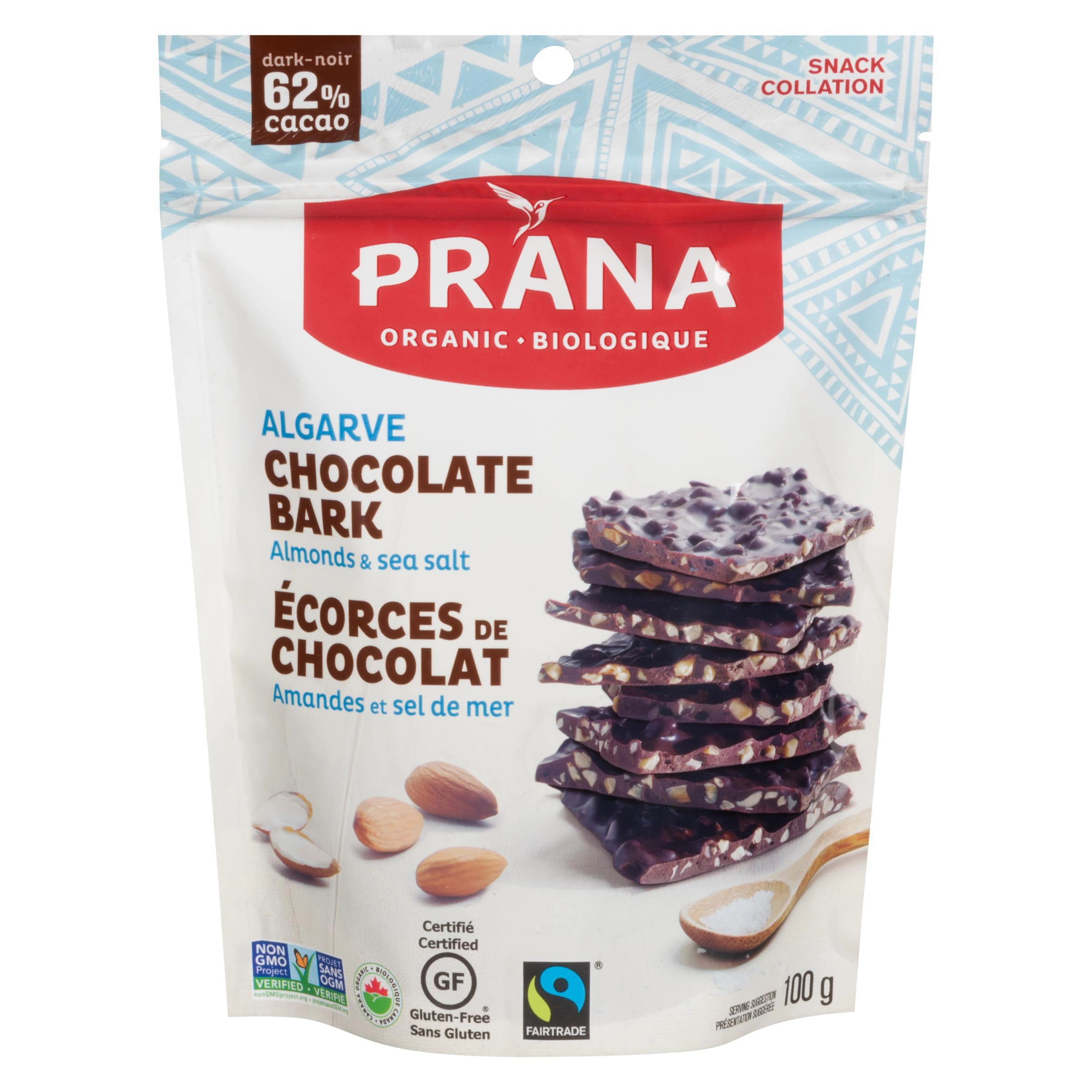 Prana Organic Algarve Almonds and Sea Salt 62% Chocolate Bark 100g
