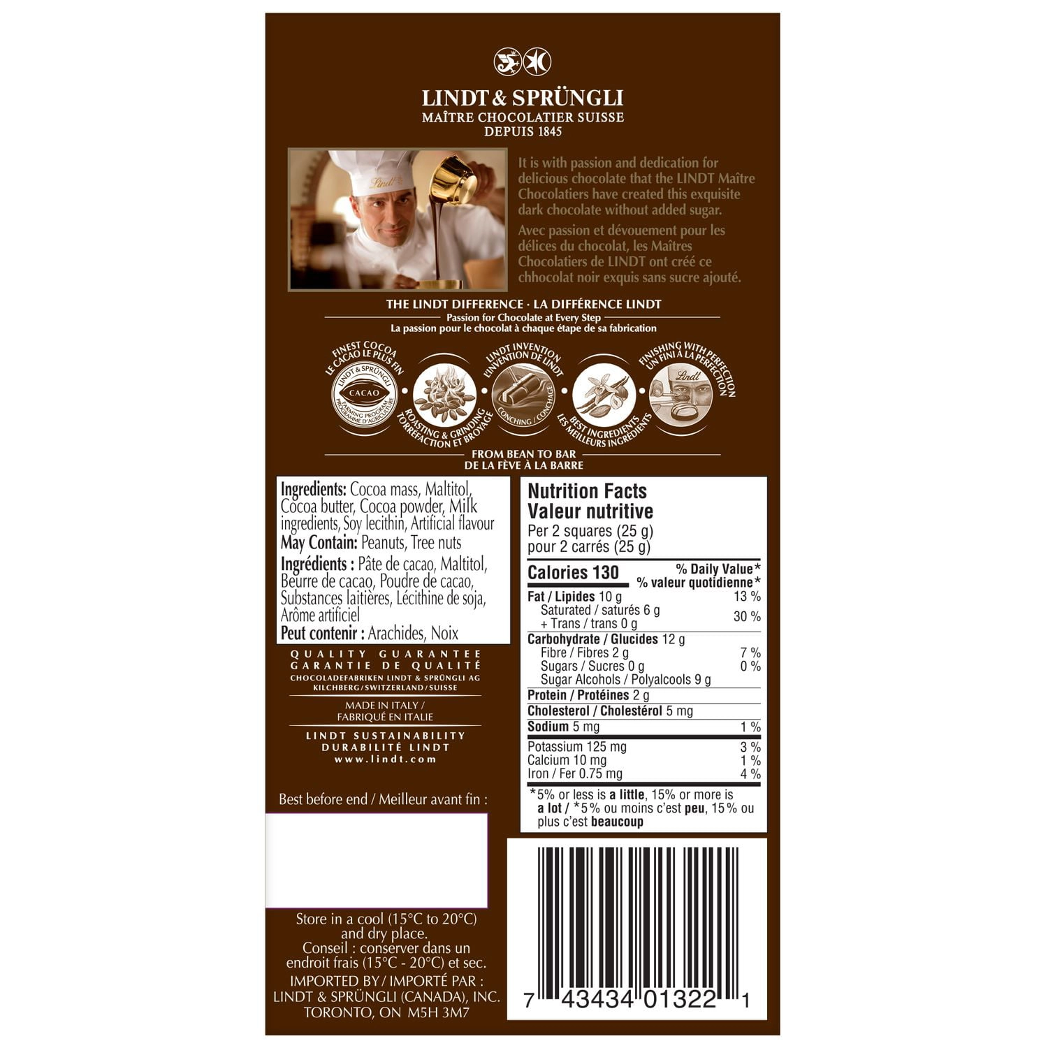 Lindt No Sugar Added Dark Chocolate Bar, 100g - Image 4