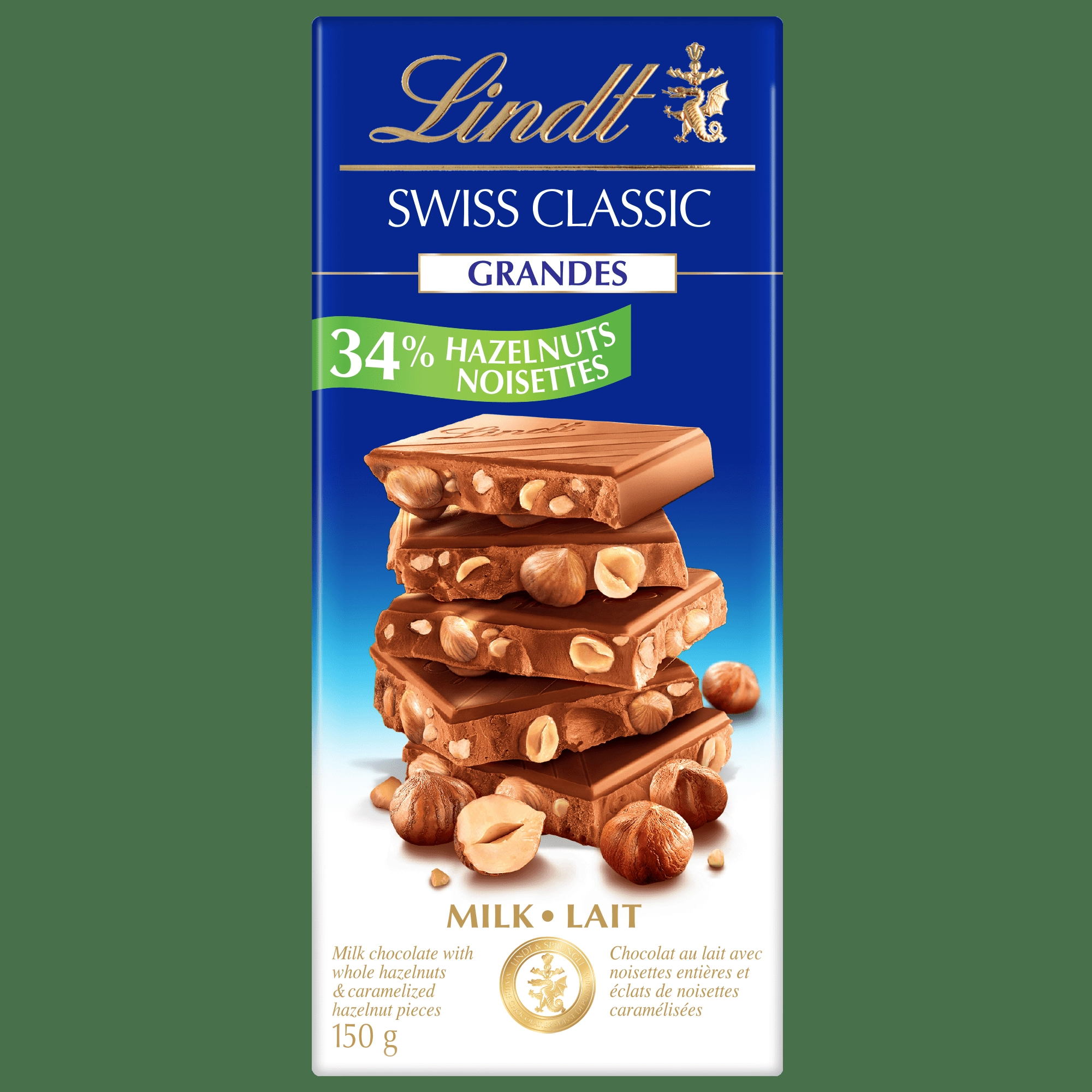 Lindt Swiss Classic Grandes Hazelnut Milk Chocolate Bar, 150g