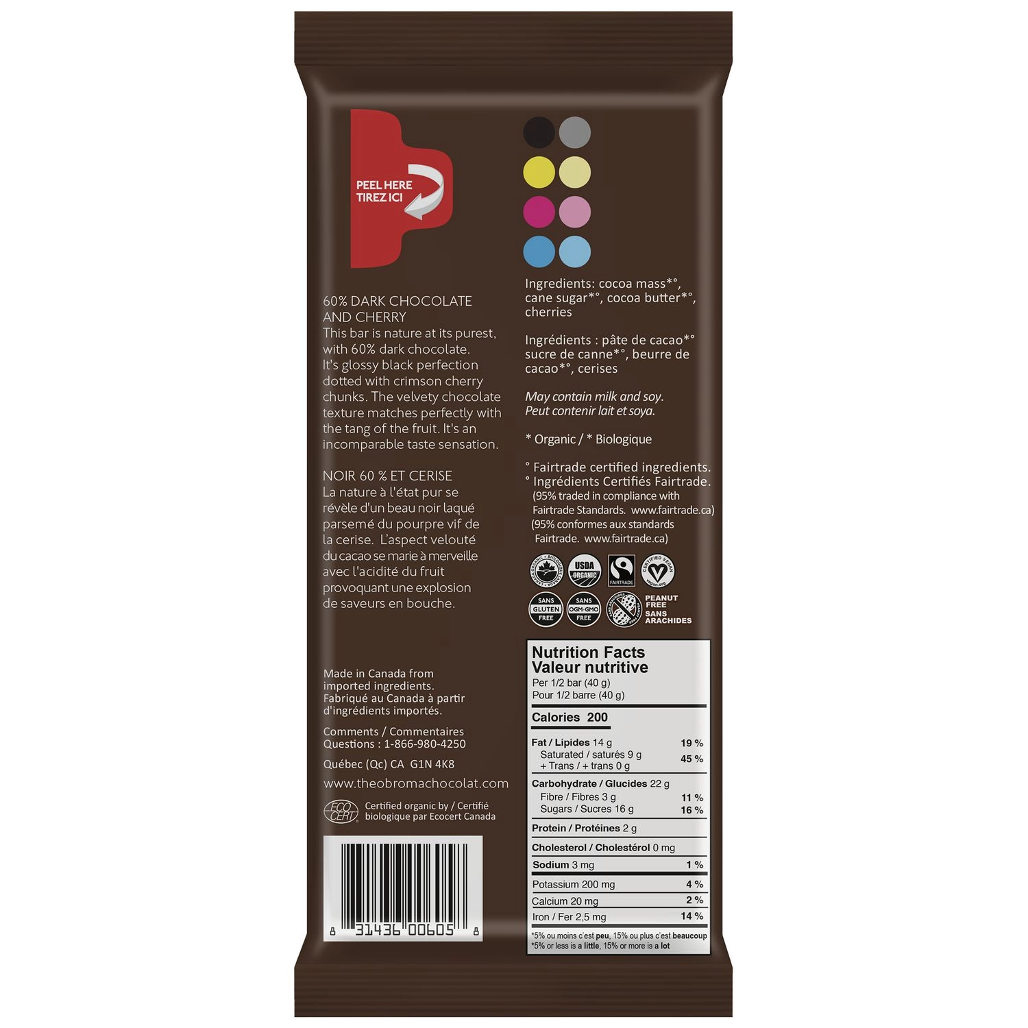Theobroma Chocolat 60% Dark Chocolate and Cherry Chunks Bar 80g - Image 2
