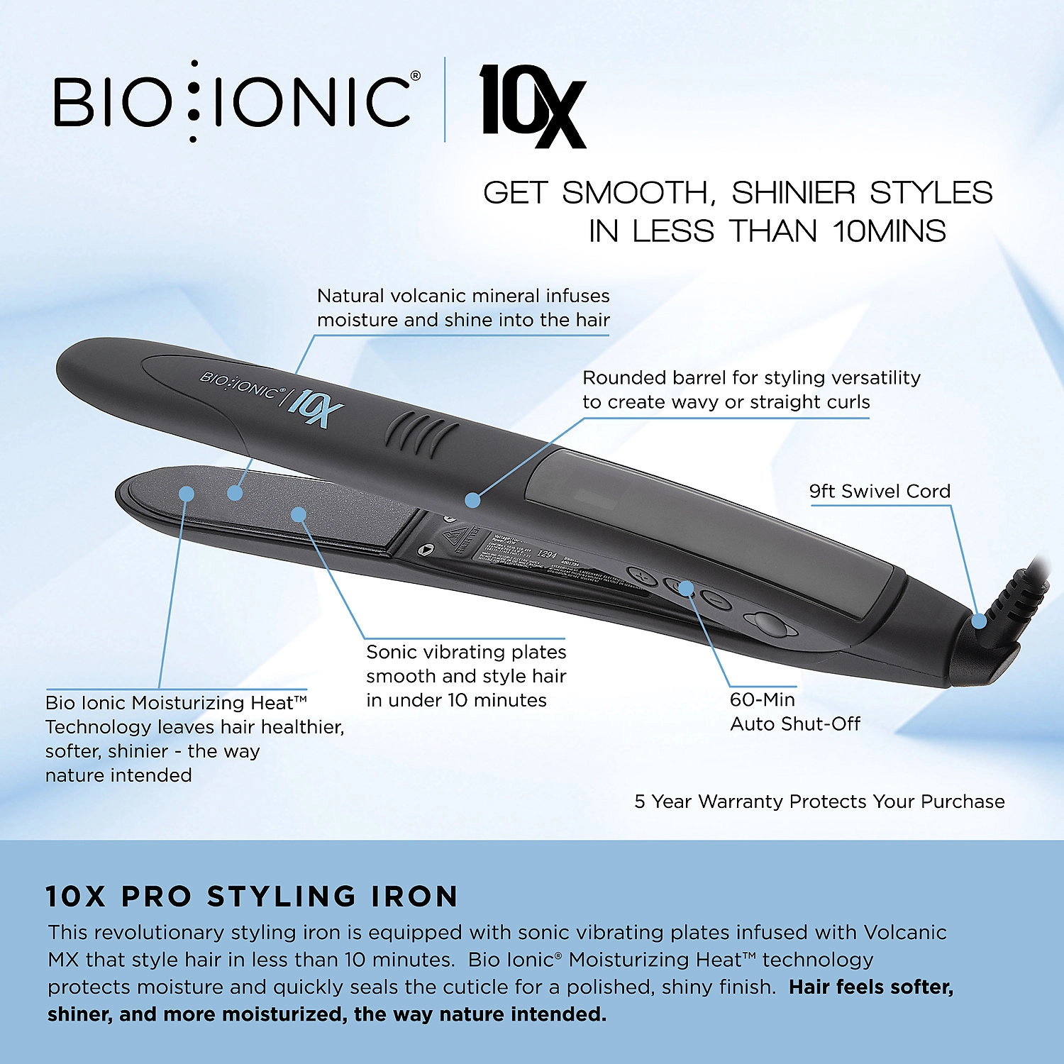 Bio Ionic 10X Pro Styling Iron 1" - High Shine Finish, All Hair Types - Image 2