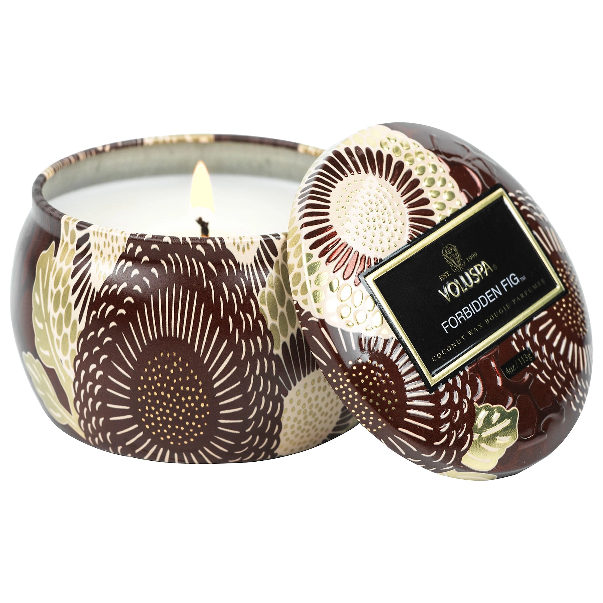 VOLUSPA Mini Forbidden Fig Decorative Tin Candle 4 oz/ 113 g Vegan Floral Scent