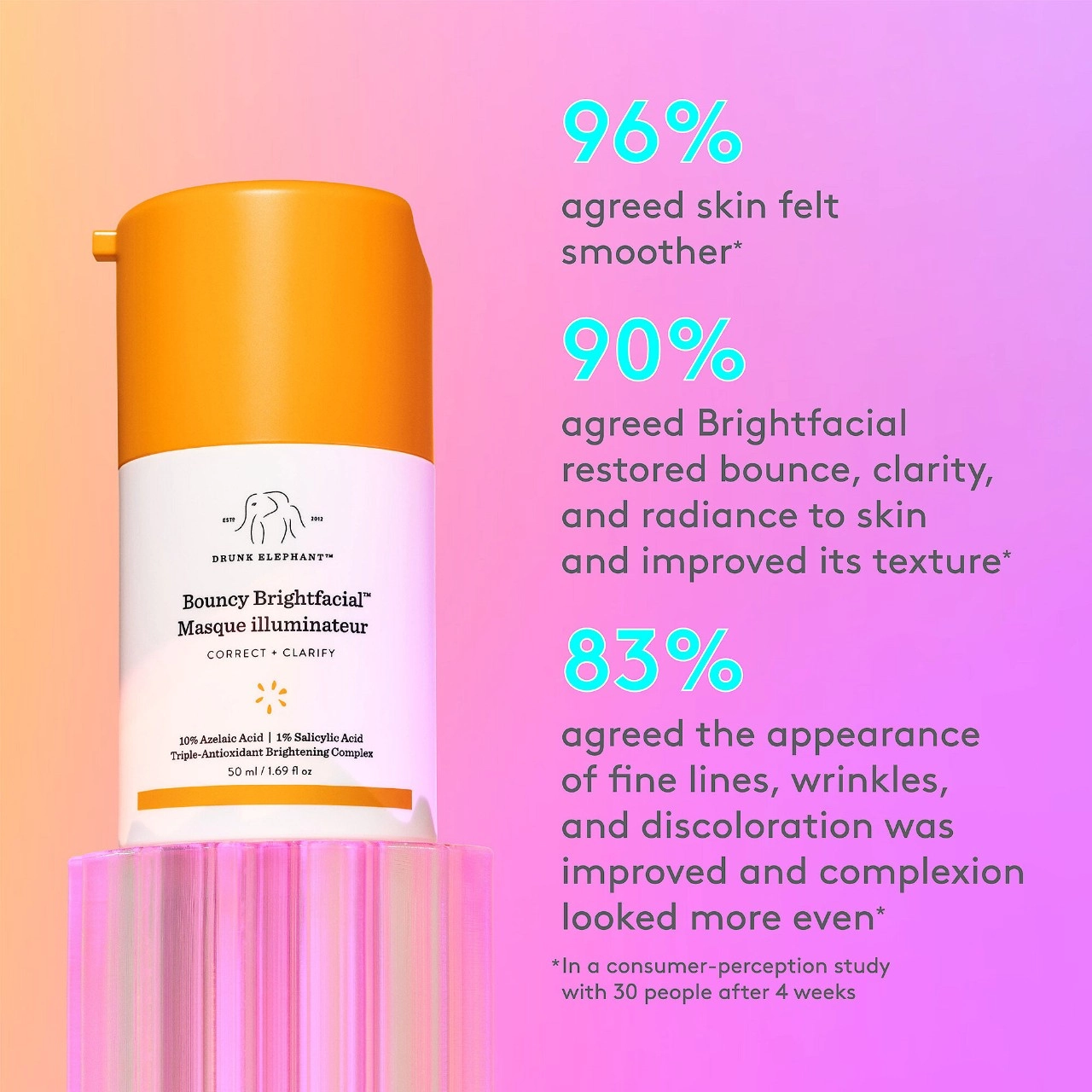 Drunk Elephant Bouncy Brightfacial Brightening Mask with 10% Azelaic Acid + 1% Salicylic Acid 1.69 oz / 50 mL - Image 3