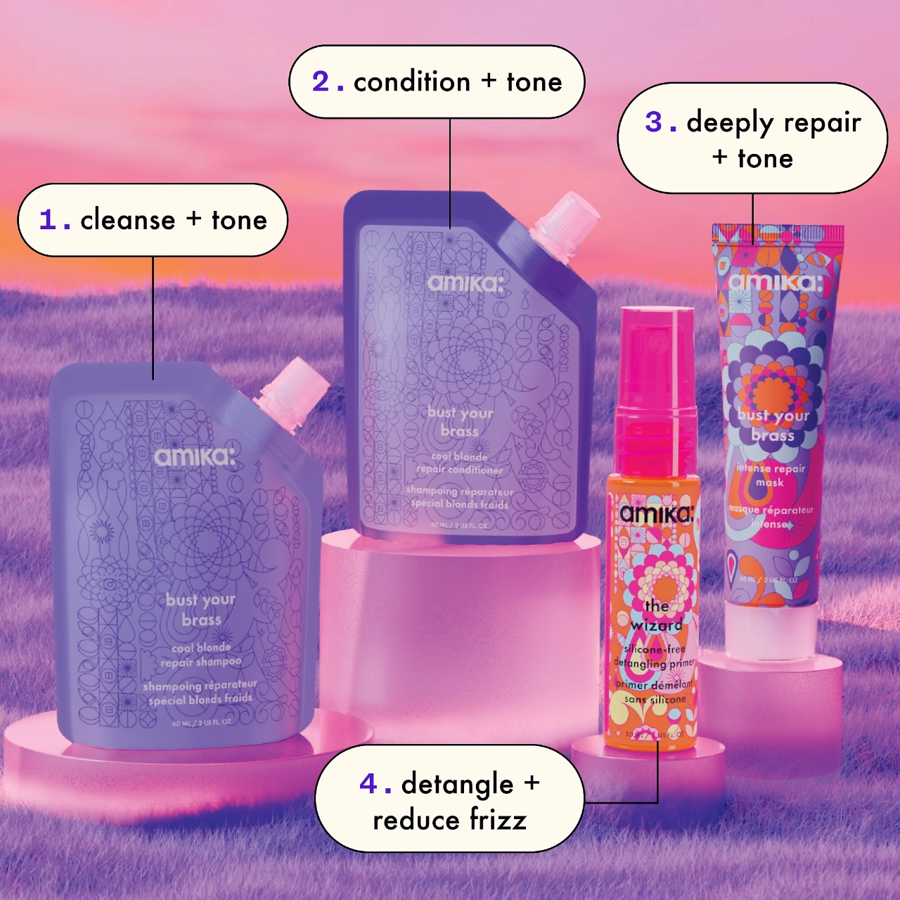 amika Mini Bust Your Brass Purple Shampoo & Conditioner Set - Image 4