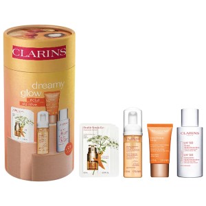 Clarins Dreamy Glow Set Without Mineral Oil Good for: Anti-Aging Without Parabens Without Silicones UV 50 Day Screen Multi-Protection, Gentle Renewing Cleansing Mousse, Extra-Firming Energy, Double Serum Eye